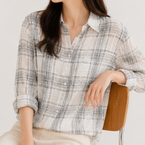 여름 냉감 루즈핏 7부 체크 쉬폰 여성 블라우스 카라 셔츠