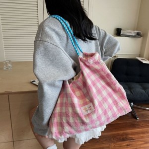 키워드 : 여성 체크 숄더백 복조리 가방 , 제품명 : 파스텔 체크 숄더백 여성 데일리 캔버스 에코백 복조리 가방